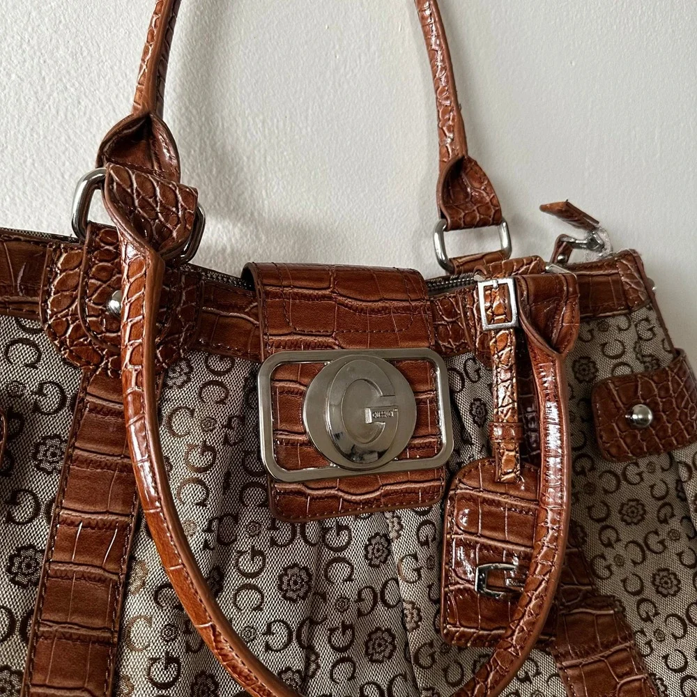 RARE Guess Monogram Canvas Brown Croc Embossed Bag Satchel‎ G Logo Buckle Y2K